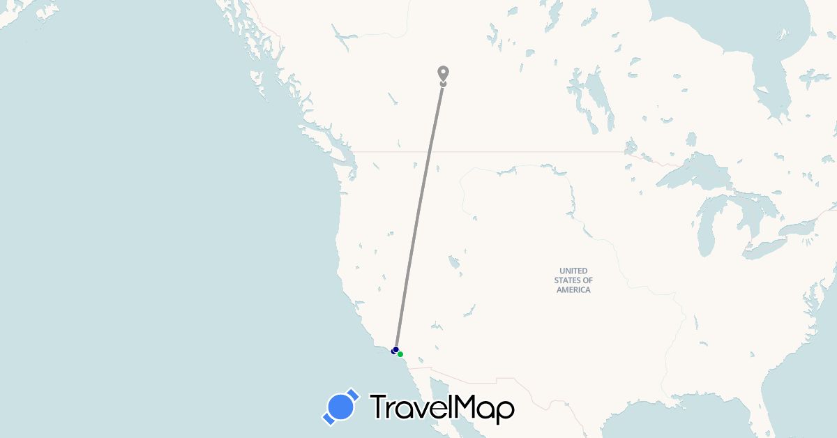 TravelMap itinerary: driving, bus, plane, cycling, train, hiking in Canada, United States (North America)