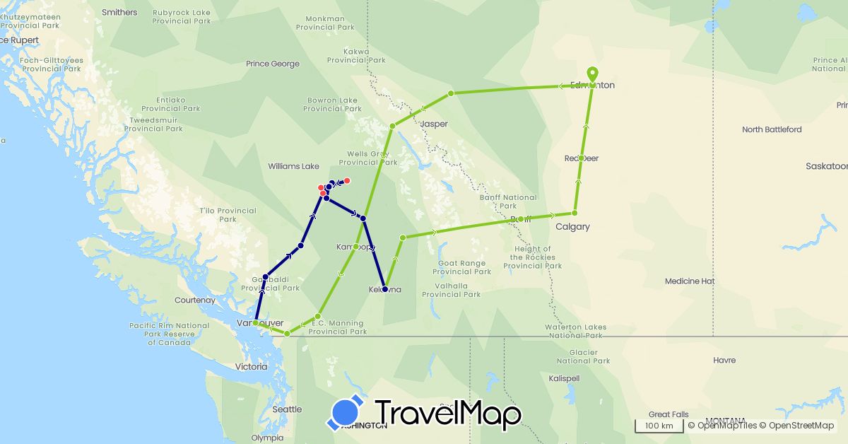 TravelMap itinerary: driving, hiking, electric vehicle in Canada (North America)